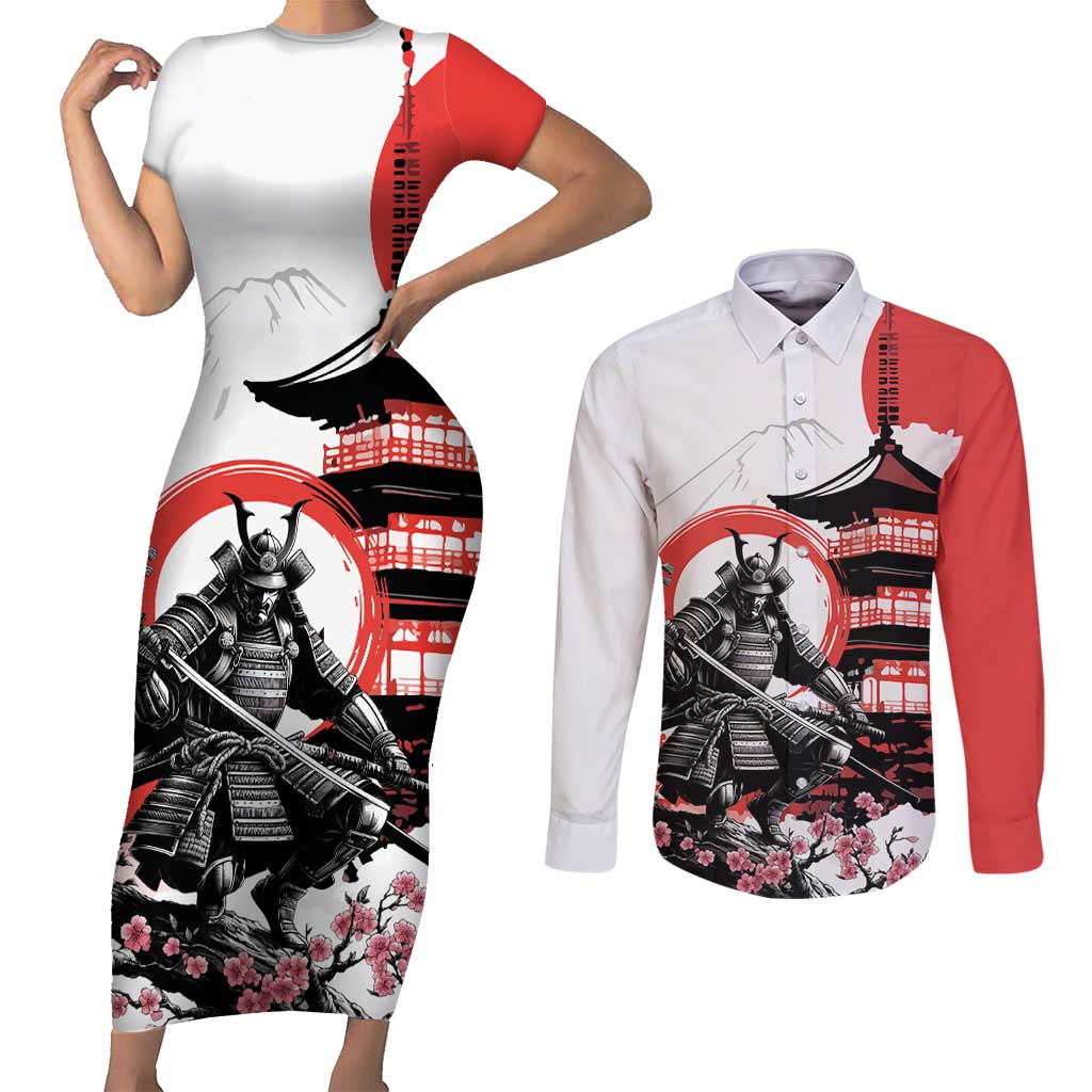 Japanese Samurai Warrior Enso Couples Matching Short Sleeve Bodycon Dress and Long Sleeve Button Shirt Japan Pagoda Sakura Watercolor - Wonder Print Shop
