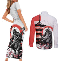 Japanese Samurai Warrior Enso Couples Matching Short Sleeve Bodycon Dress and Long Sleeve Button Shirt Japan Pagoda Sakura Watercolor - Wonder Print Shop