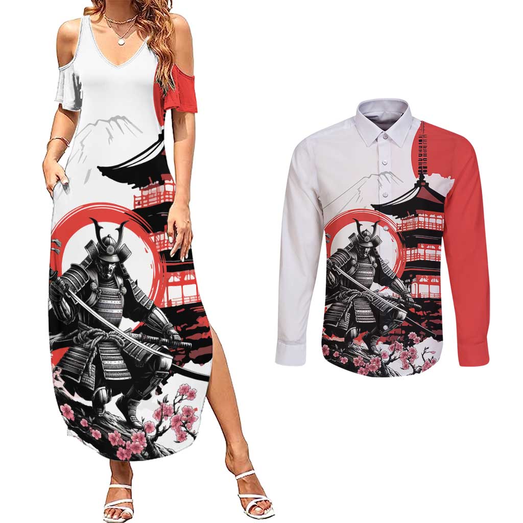 Japanese Samurai Warrior Enso Couples Matching Summer Maxi Dress and Long Sleeve Button Shirt Japan Pagoda Sakura Watercolor - Wonder Print Shop