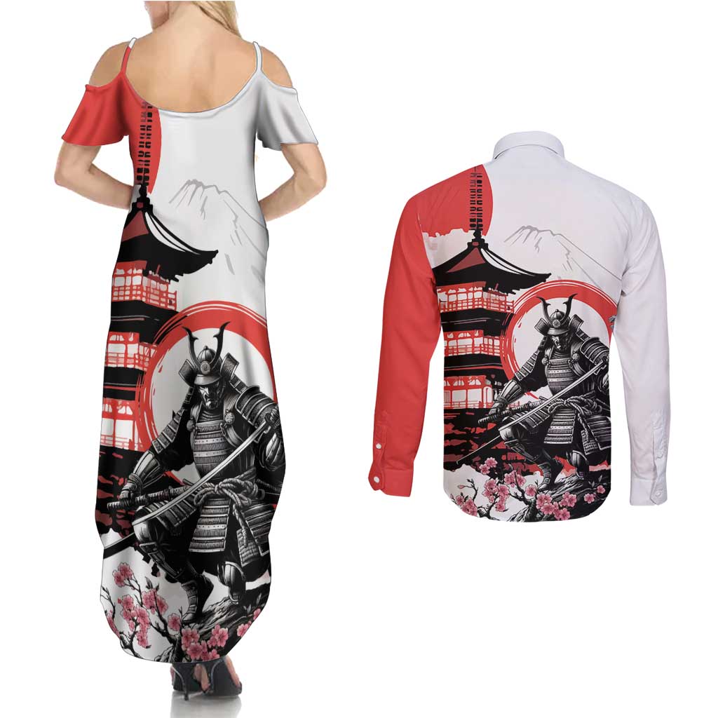 Japanese Samurai Warrior Enso Couples Matching Summer Maxi Dress and Long Sleeve Button Shirt Japan Pagoda Sakura Watercolor - Wonder Print Shop