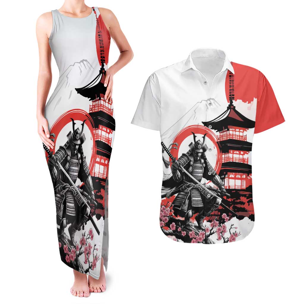 Japanese Samurai Warrior Enso Couples Matching Tank Maxi Dress and Hawaiian Shirt Japan Pagoda Sakura Watercolor - Wonder Print Shop