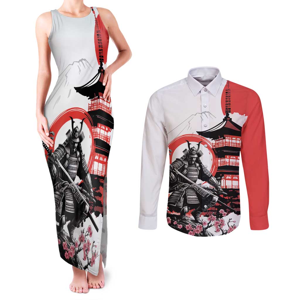 Japanese Samurai Warrior Enso Couples Matching Tank Maxi Dress and Long Sleeve Button Shirt Japan Pagoda Sakura Watercolor - Wonder Print Shop