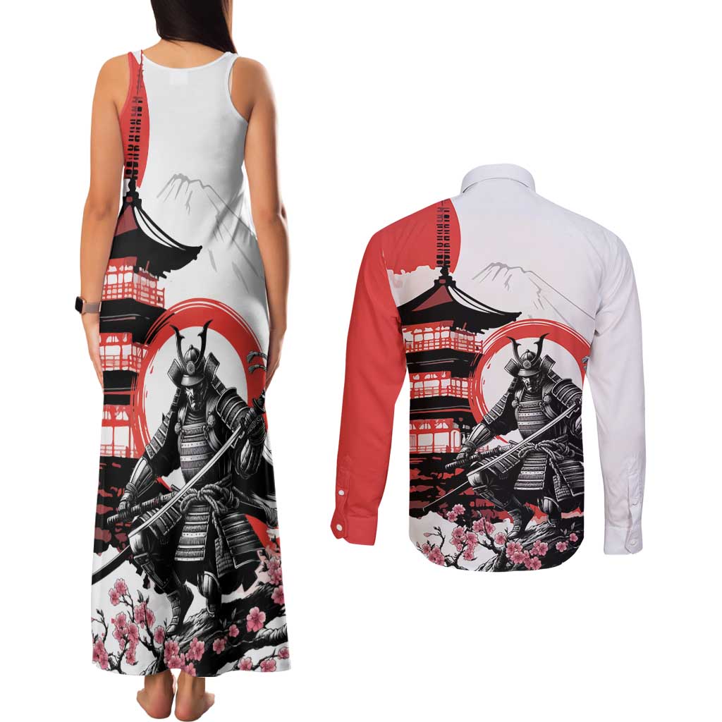 Japanese Samurai Warrior Enso Couples Matching Tank Maxi Dress and Long Sleeve Button Shirt Japan Pagoda Sakura Watercolor - Wonder Print Shop