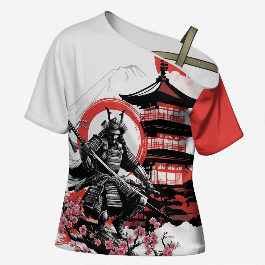 Japanese Samurai Warrior Enso Cross Shoulder Shirt Japan Pagoda Sakura Watercolor - Wonder Print Shop