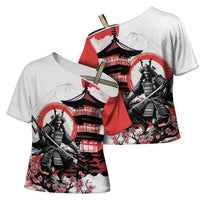 Japanese Samurai Warrior Enso Cross Shoulder Shirt Japan Pagoda Sakura Watercolor - Wonder Print Shop