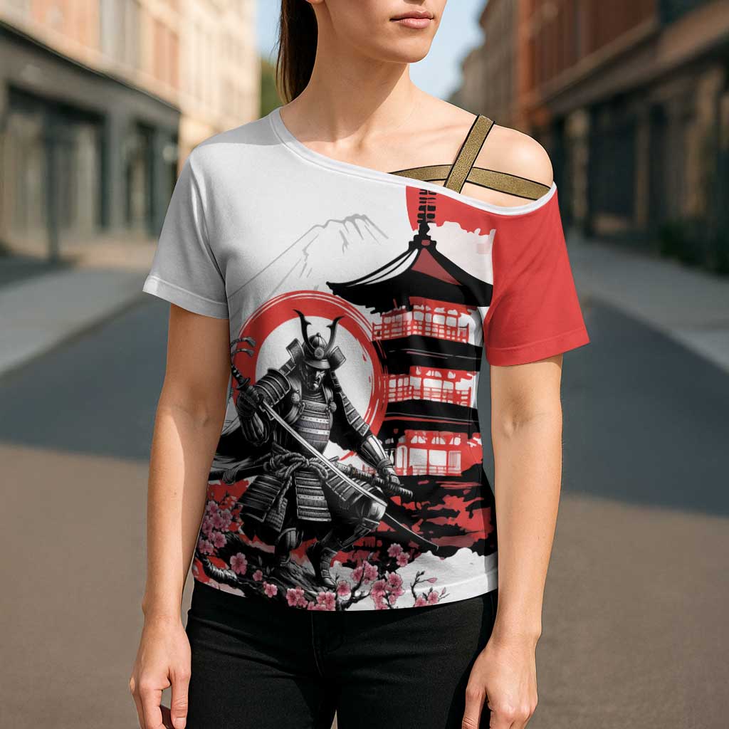 Japanese Samurai Warrior Enso Cross Shoulder Shirt Japan Pagoda Sakura Watercolor - Wonder Print Shop