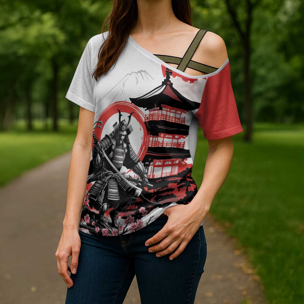 Japanese Samurai Warrior Enso Cross Shoulder Shirt Japan Pagoda Sakura Watercolor - Wonder Print Shop