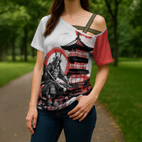 Japanese Samurai Warrior Enso Cross Shoulder Shirt Japan Pagoda Sakura Watercolor - Wonder Print Shop