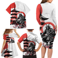 Japanese Samurai Warrior Enso Family Matching Long Sleeve Bodycon Dress and Hawaiian Shirt Japan Pagoda Sakura Watercolor - Wonder Print Shop
