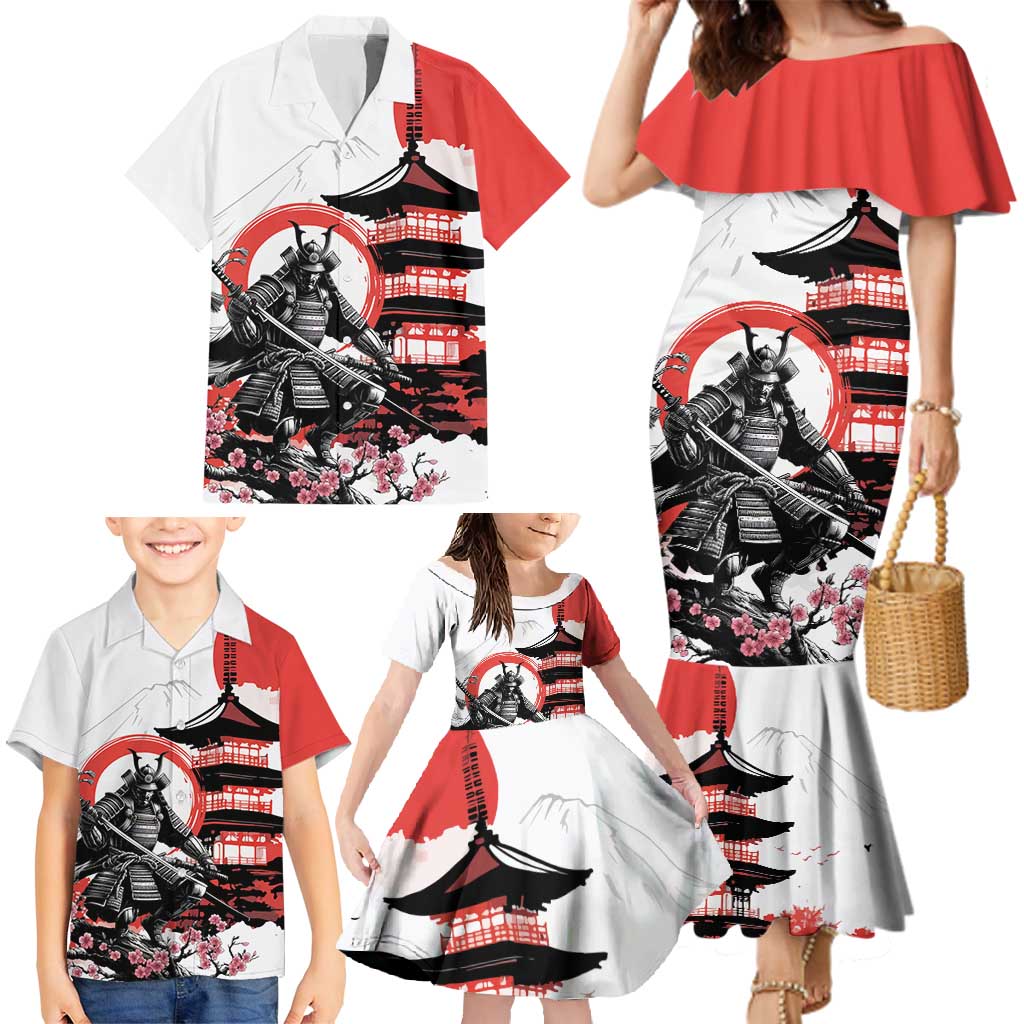 Japanese Samurai Warrior Enso Family Matching Mermaid Dress and Hawaiian Shirt Japan Pagoda Sakura Watercolor - Wonder Print Shop