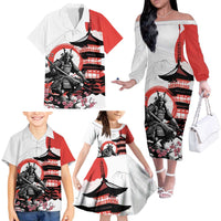 Japanese Samurai Warrior Enso Family Matching Off The Shoulder Long Sleeve Dress and Hawaiian Shirt Japan Pagoda Sakura Watercolor - Wonder Print Shop