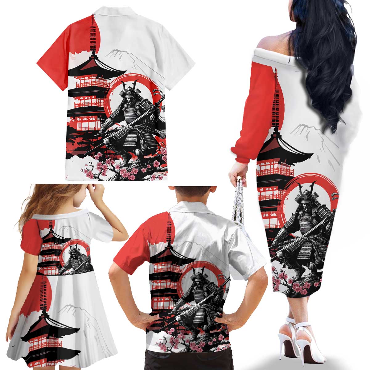 Japanese Samurai Warrior Enso Family Matching Off The Shoulder Long Sleeve Dress and Hawaiian Shirt Japan Pagoda Sakura Watercolor - Wonder Print Shop