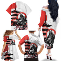 Japanese Samurai Warrior Enso Family Matching Off The Shoulder Long Sleeve Dress and Hawaiian Shirt Japan Pagoda Sakura Watercolor - Wonder Print Shop