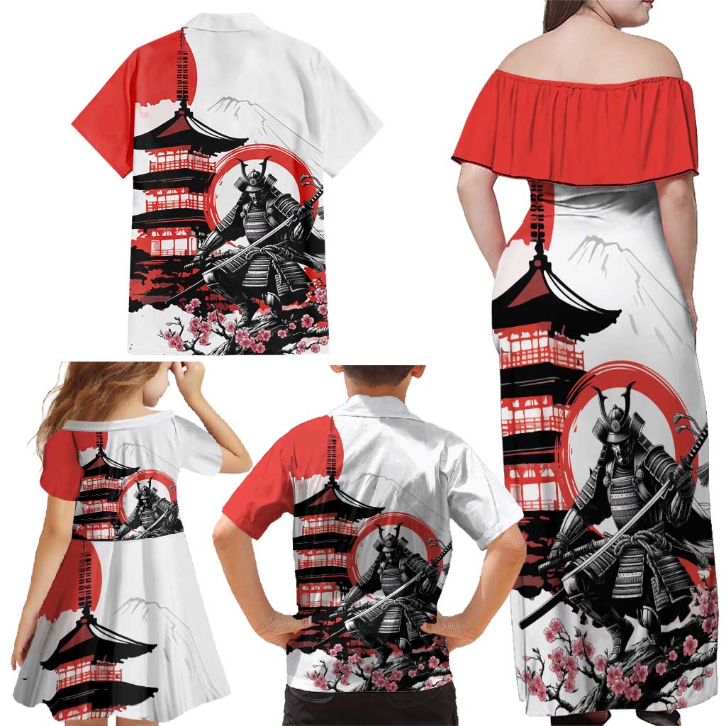 Japanese Samurai Warrior Enso Family Matching Off Shoulder Maxi Dress and Hawaiian Shirt Japan Pagoda Sakura Watercolor - Wonder Print Shop