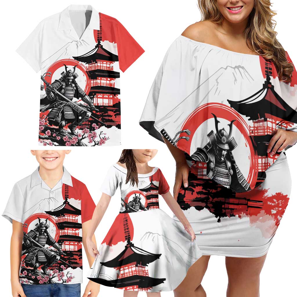Japanese Samurai Warrior Enso Family Matching Off Shoulder Short Dress and Hawaiian Shirt Japan Pagoda Sakura Watercolor - Wonder Print Shop