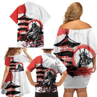 Japanese Samurai Warrior Enso Family Matching Off Shoulder Short Dress and Hawaiian Shirt Japan Pagoda Sakura Watercolor - Wonder Print Shop