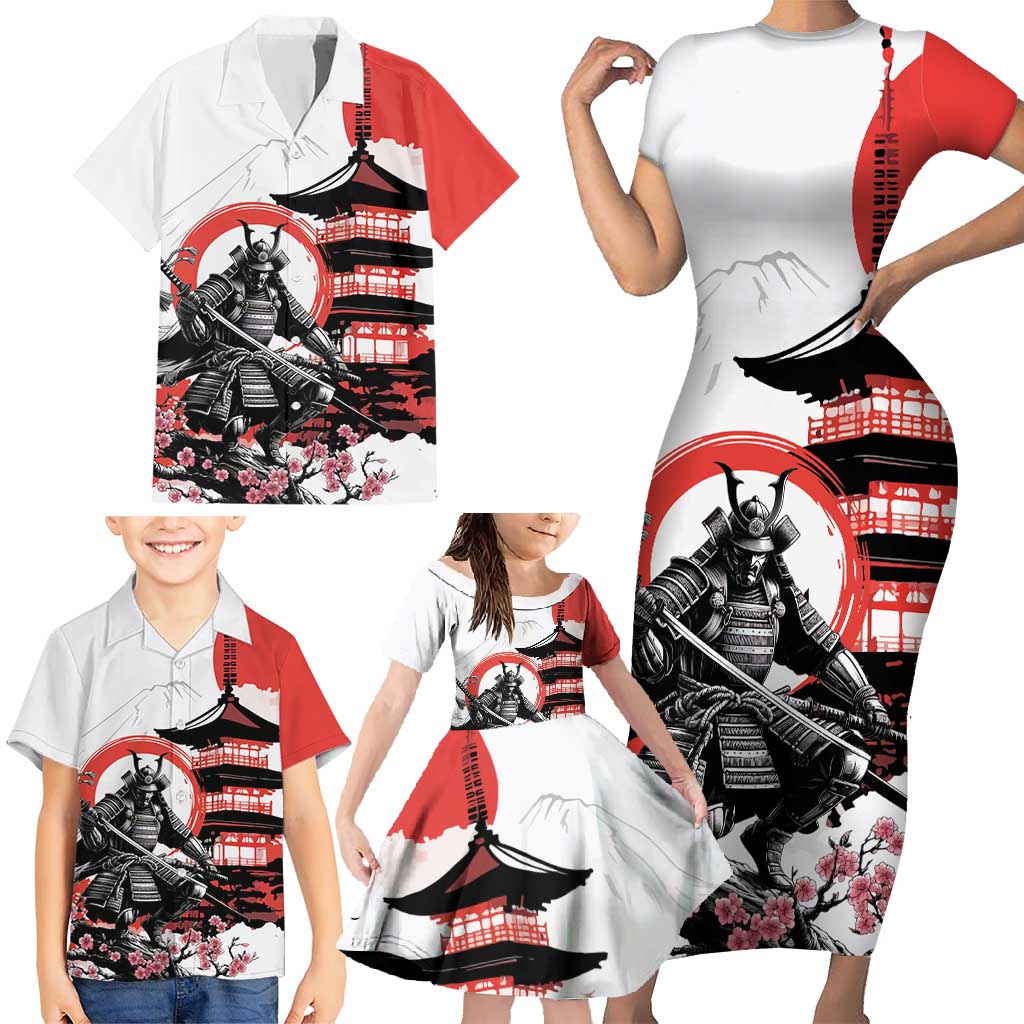 Japanese Samurai Warrior Enso Family Matching Short Sleeve Bodycon Dress and Hawaiian Shirt Japan Pagoda Sakura Watercolor - Wonder Print Shop