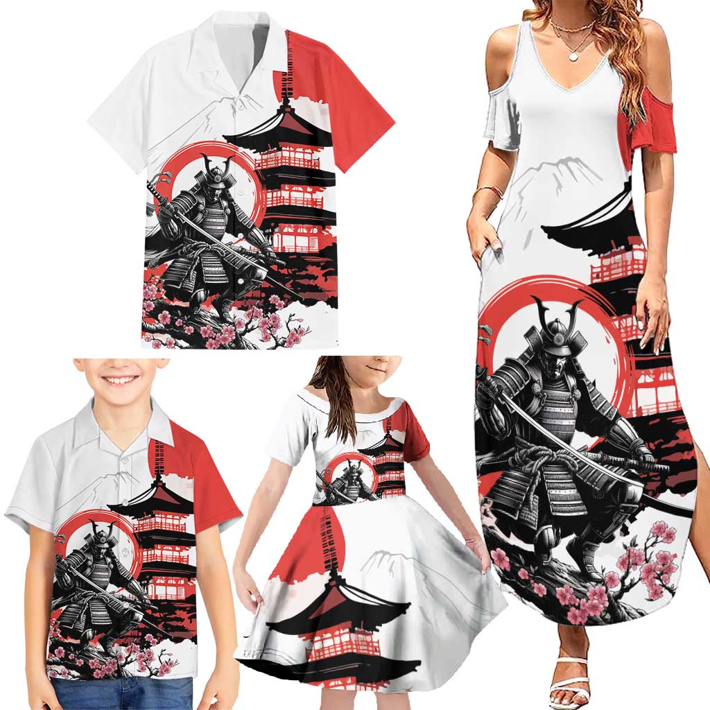 Japanese Samurai Warrior Enso Family Matching Summer Maxi Dress and Hawaiian Shirt Japan Pagoda Sakura Watercolor - Wonder Print Shop