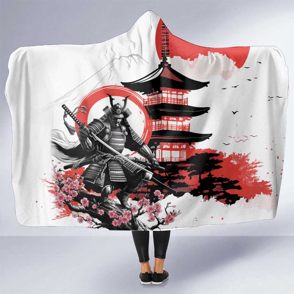 Japanese Samurai Warrior Enso Hooded Blanket Japan Pagoda Sakura Watercolor - Wonder Print Shop