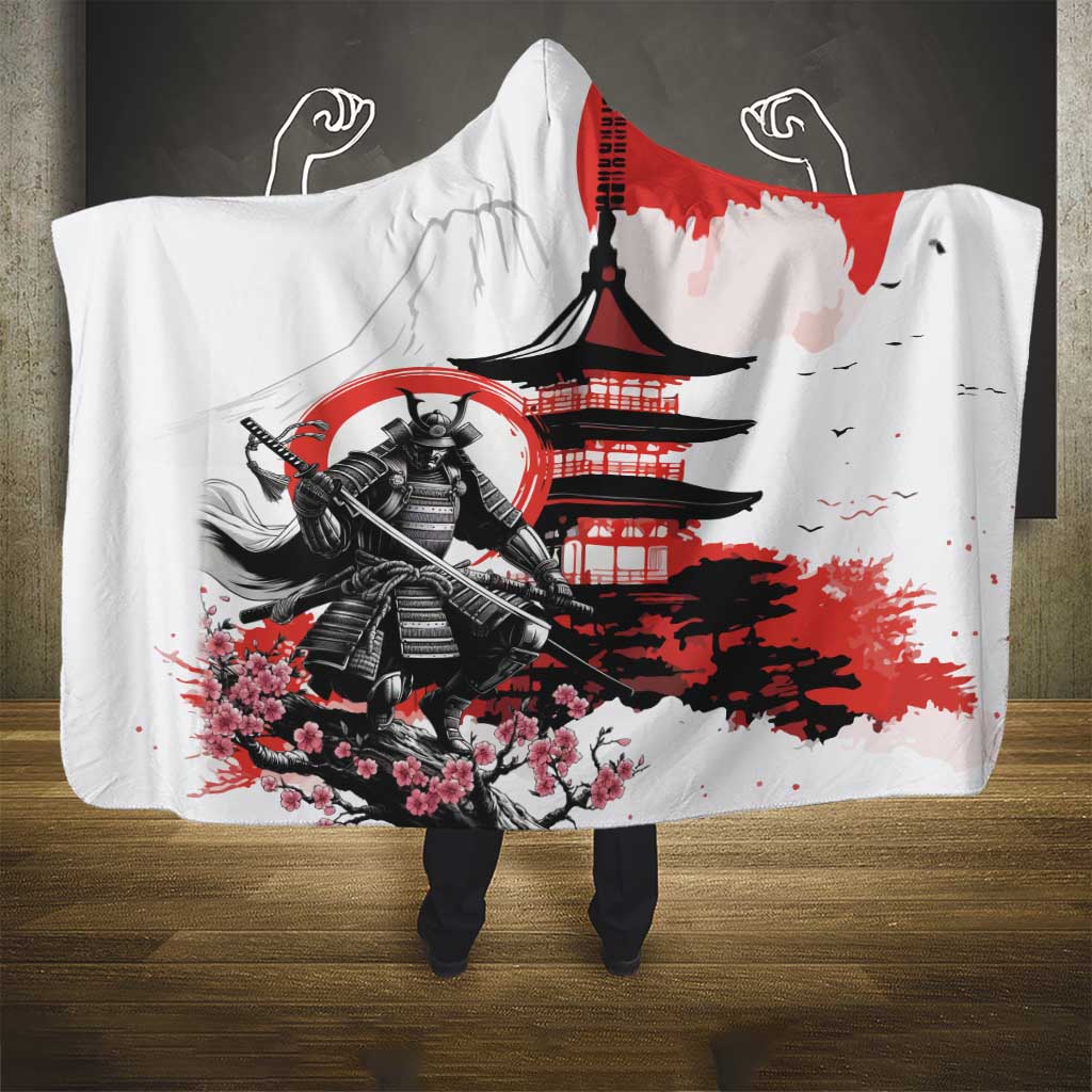 Japanese Samurai Warrior Enso Hooded Blanket Japan Pagoda Sakura Watercolor - Wonder Print Shop