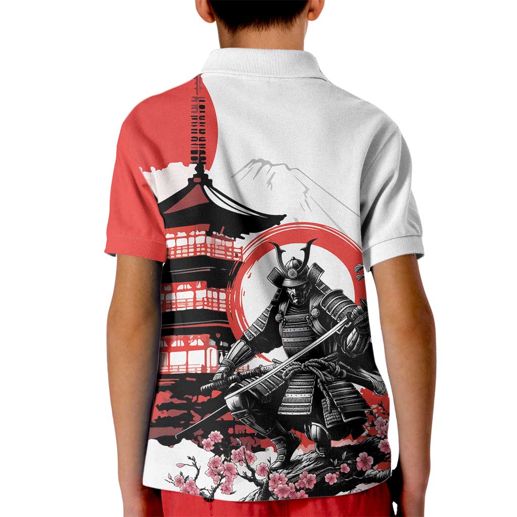 Japanese Samurai Warrior Enso Kid Polo Shirt Japan Pagoda Sakura Watercolor - Wonder Print Shop