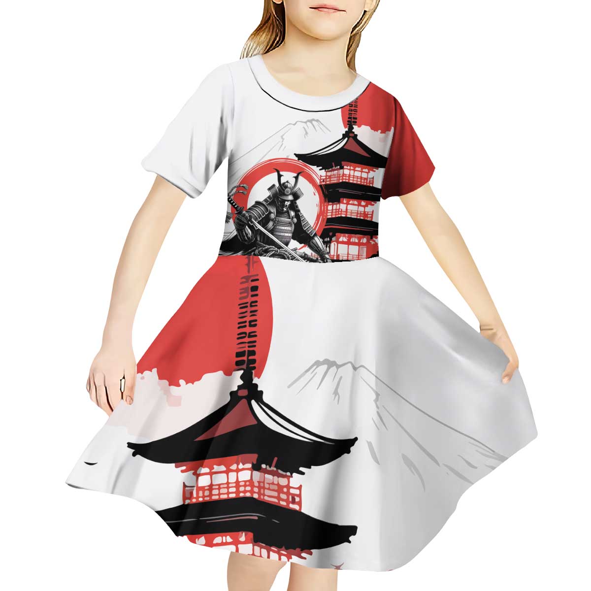 Japanese Samurai Warrior Enso Kid Short Sleeve Dress Japan Pagoda Sakura Watercolor - Wonder Print Shop