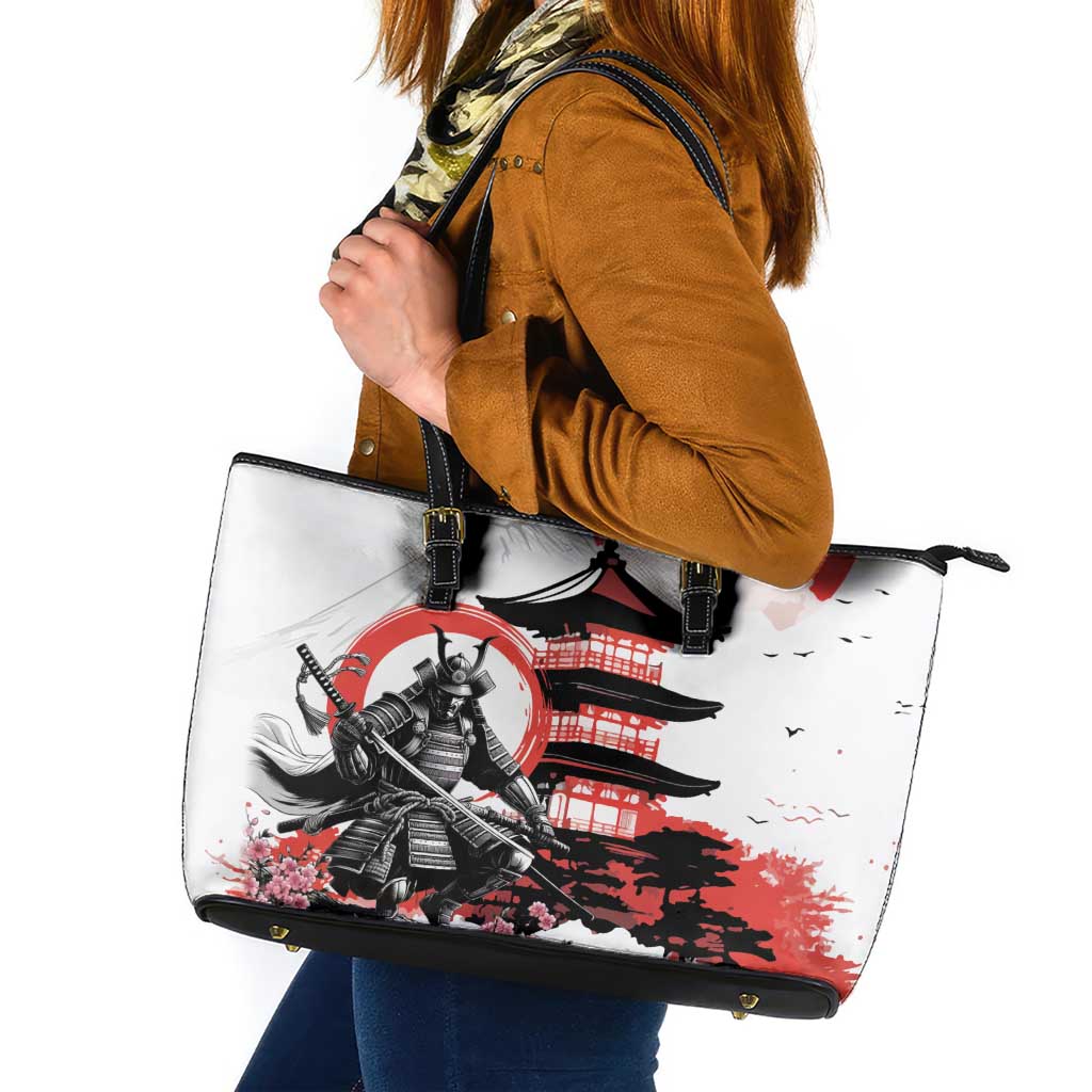 Japanese Samurai Warrior Enso Leather Tote Bag Japan Pagoda Sakura Watercolor - Wonder Print Shop