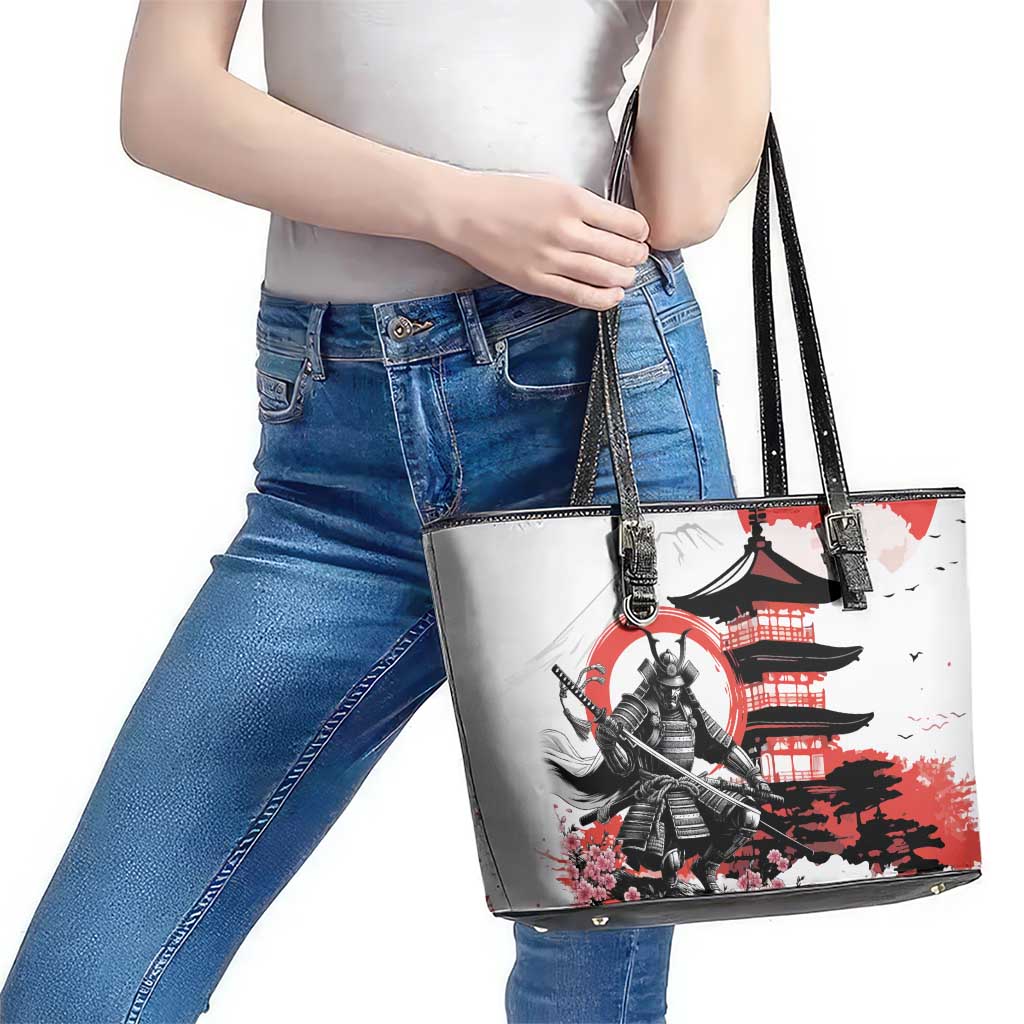 Japanese Samurai Warrior Enso Leather Tote Bag Japan Pagoda Sakura Watercolor - Wonder Print Shop