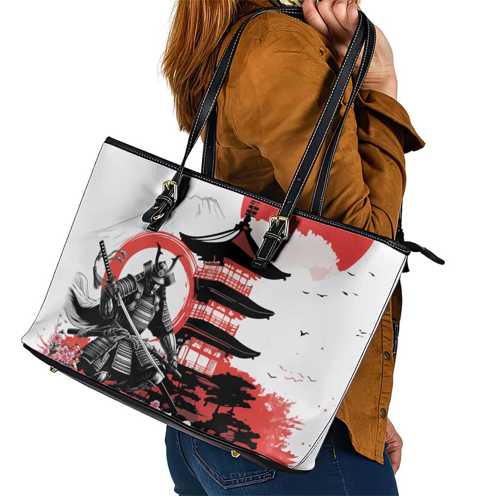 Japanese Samurai Warrior Enso Leather Tote Bag Japan Pagoda Sakura Watercolor - Wonder Print Shop
