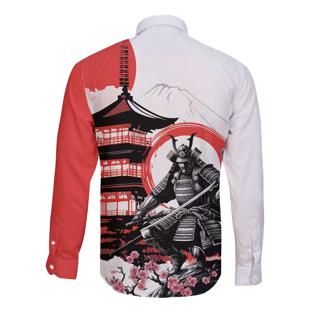 Japanese Samurai Warrior Enso Long Sleeve Button Shirt Japan Pagoda Sakura Watercolor - Wonder Print Shop