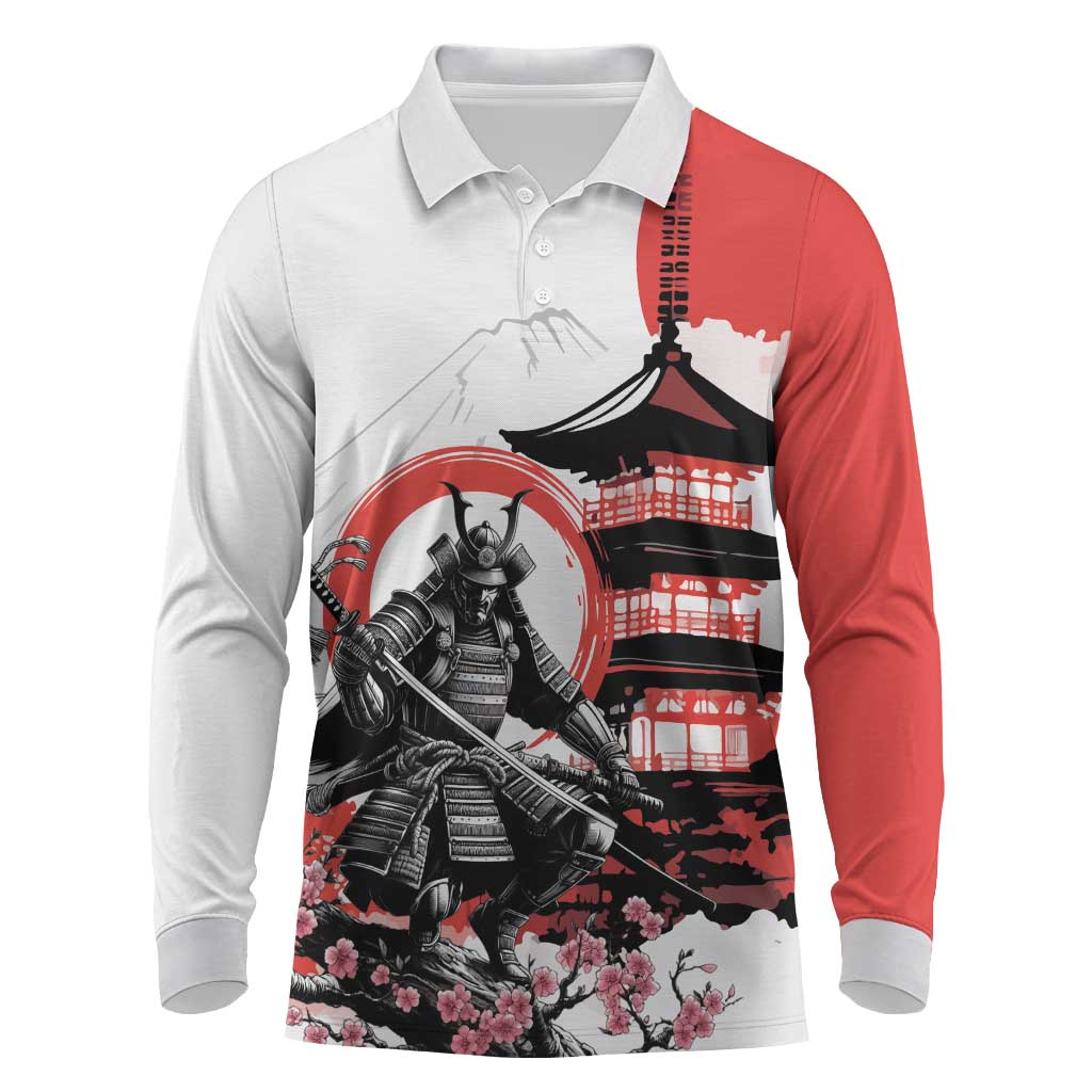 Japanese Samurai Warrior Enso Long Sleeve Polo Shirt Japan Pagoda Sakura Watercolor - Wonder Print Shop