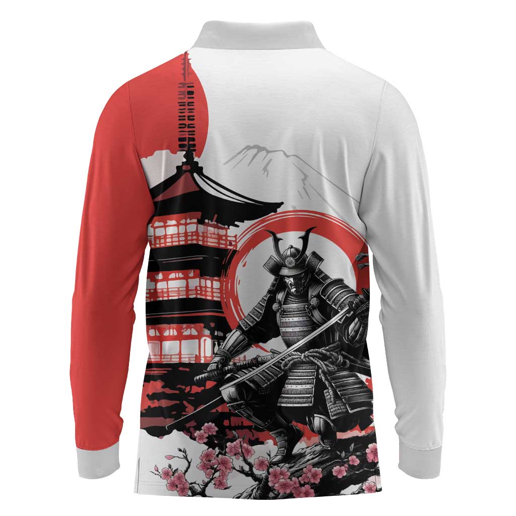 Japanese Samurai Warrior Enso Long Sleeve Polo Shirt Japan Pagoda Sakura Watercolor - Wonder Print Shop