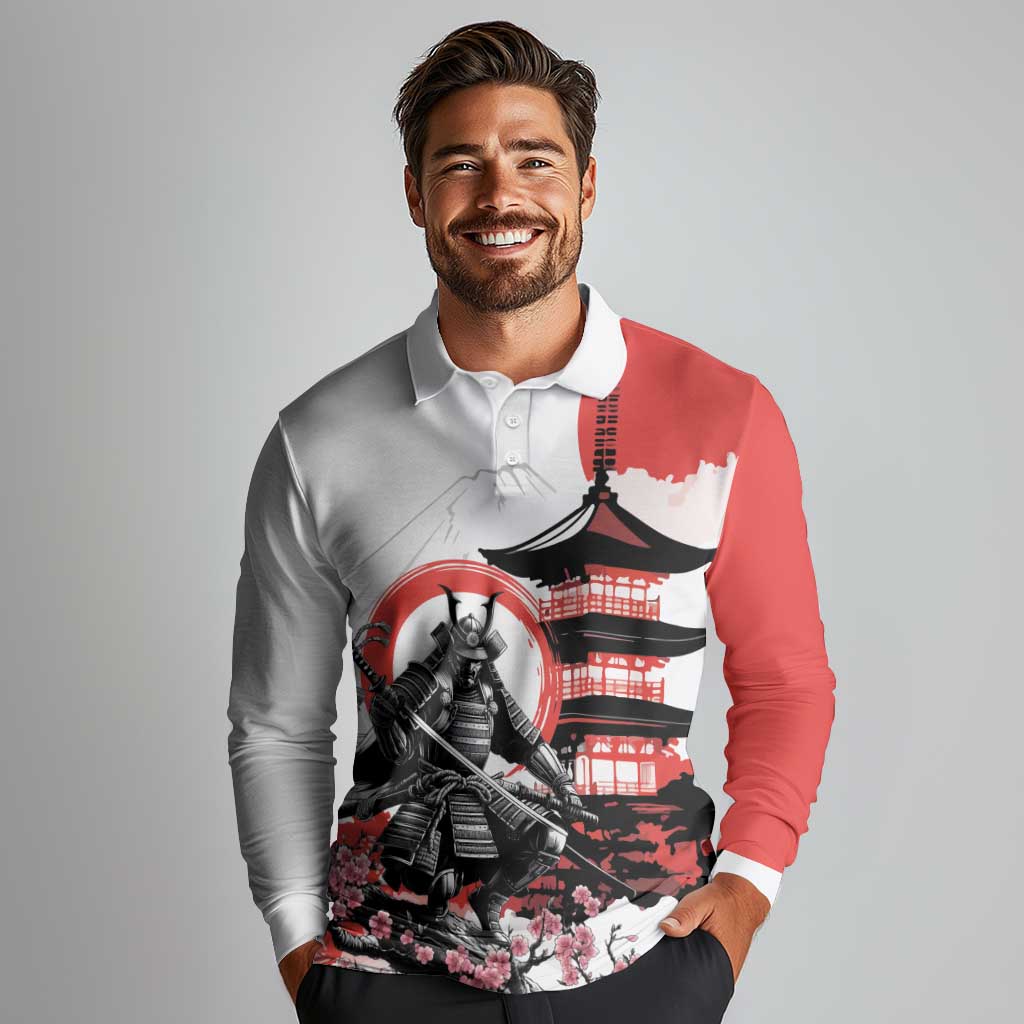 Japanese Samurai Warrior Enso Long Sleeve Polo Shirt Japan Pagoda Sakura Watercolor - Wonder Print Shop