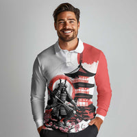 Japanese Samurai Warrior Enso Long Sleeve Polo Shirt Japan Pagoda Sakura Watercolor - Wonder Print Shop