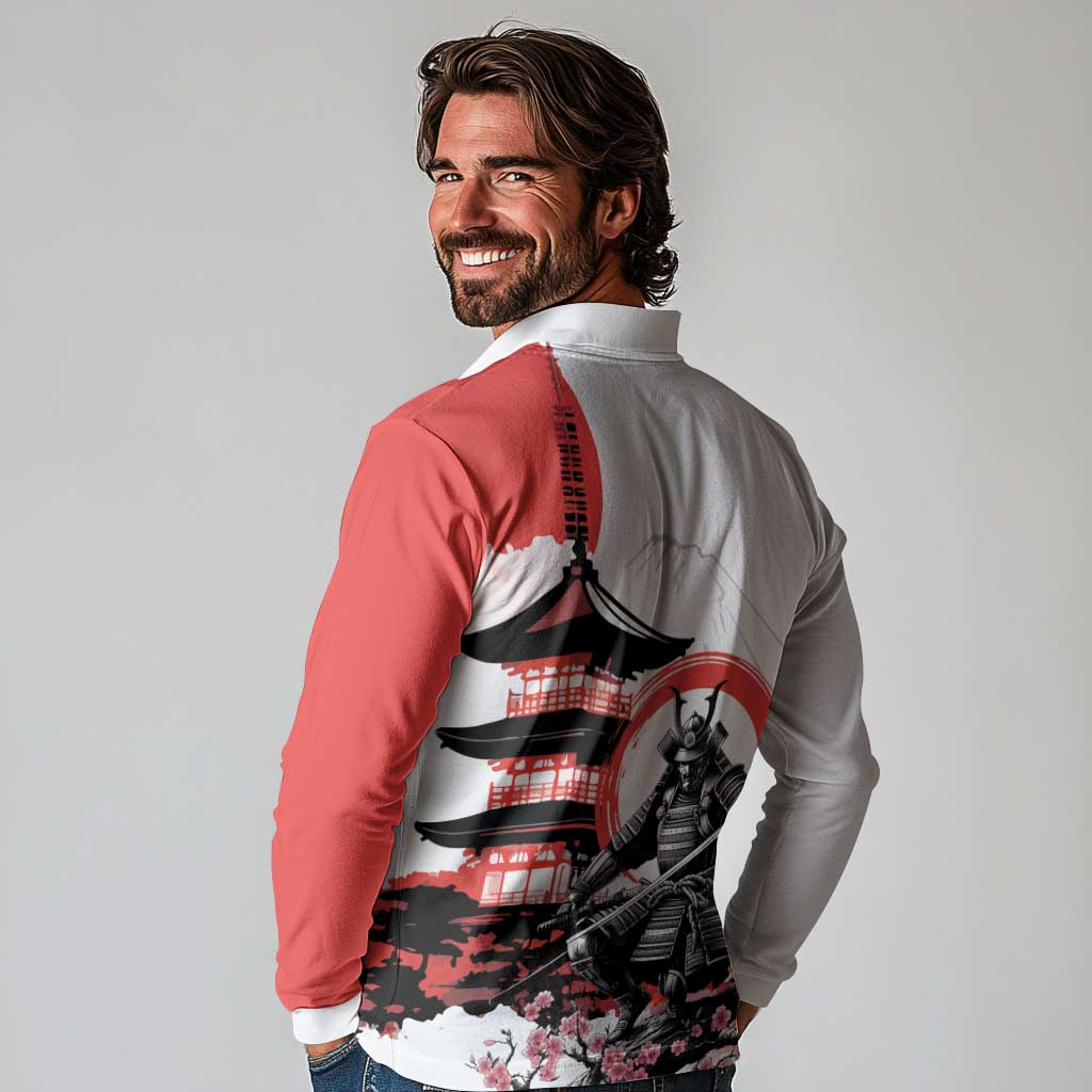 Japanese Samurai Warrior Enso Long Sleeve Polo Shirt Japan Pagoda Sakura Watercolor - Wonder Print Shop