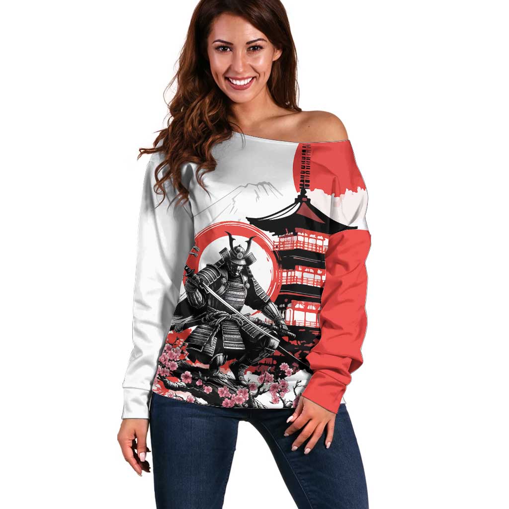 Japanese Samurai Warrior Enso Off Shoulder Sweater Japan Pagoda Sakura Watercolor - Wonder Print Shop