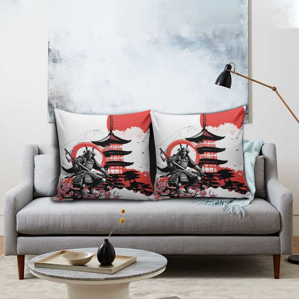 Japanese Samurai Warrior Enso Pillow Cover Japan Pagoda Sakura Watercolor - Wonder Print Shop