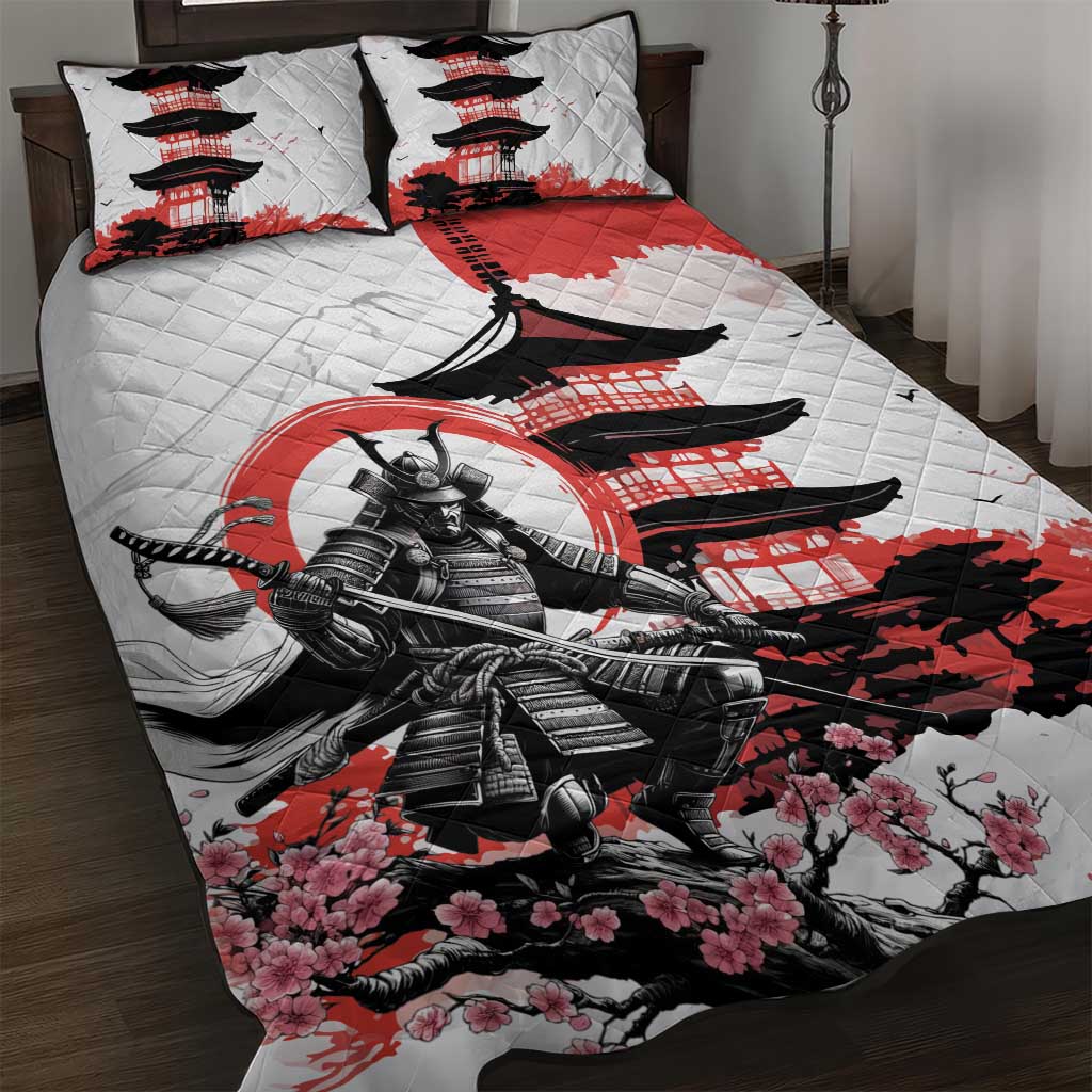 Japanese Samurai Warrior Enso Quilt Bed Set Japan Pagoda Sakura Watercolor - Wonder Print Shop