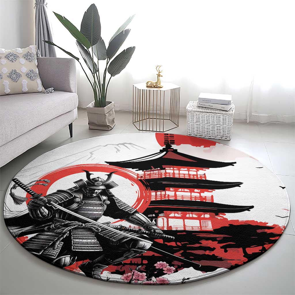 Japanese Samurai Warrior Enso Round Carpet Japan Pagoda Sakura Watercolor - Wonder Print Shop