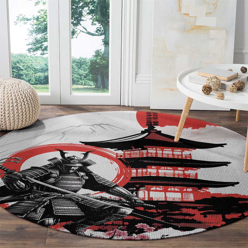 Japanese Samurai Warrior Enso Round Carpet Japan Pagoda Sakura Watercolor - Wonder Print Shop