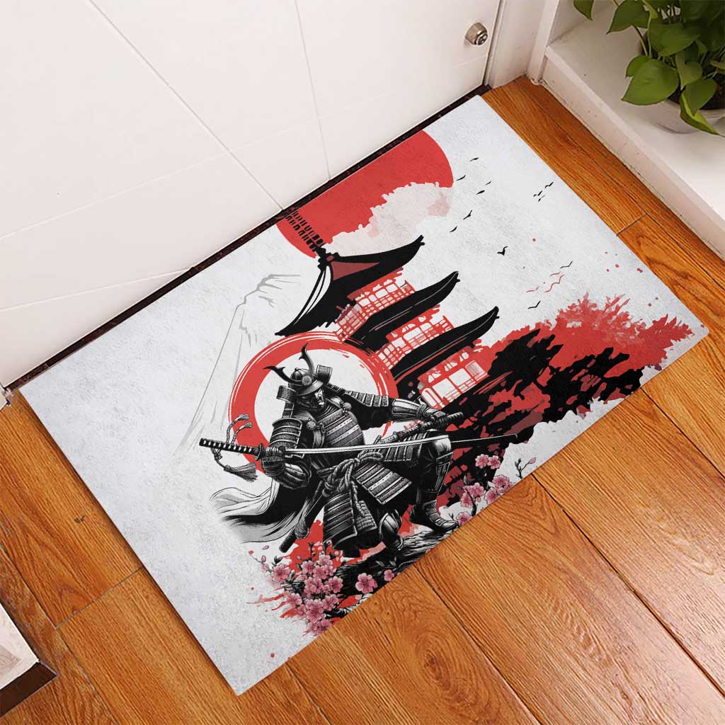 Japanese Samurai Warrior Enso Rubber Doormat Japan Pagoda Sakura Watercolor - Wonder Print Shop