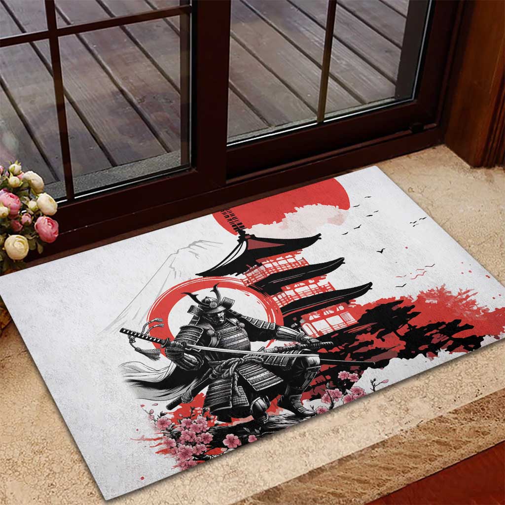 Japanese Samurai Warrior Enso Rubber Doormat Japan Pagoda Sakura Watercolor - Wonder Print Shop