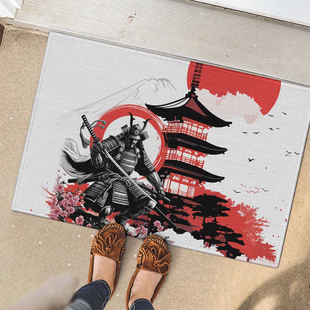 Japanese Samurai Warrior Enso Rubber Doormat Japan Pagoda Sakura Watercolor - Wonder Print Shop