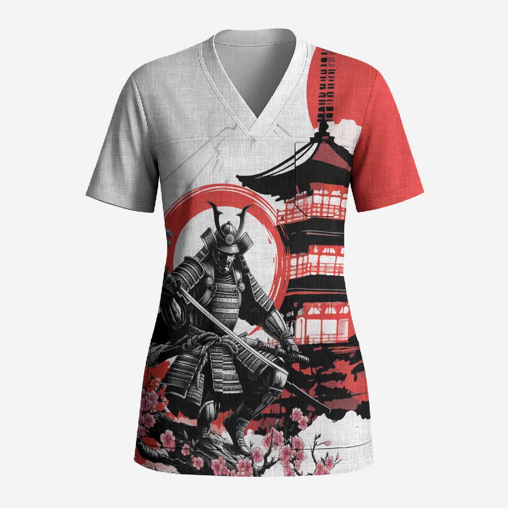Japanese Samurai Warrior Enso Scrub Top Japan Pagoda Sakura Watercolor - Wonder Print Shop