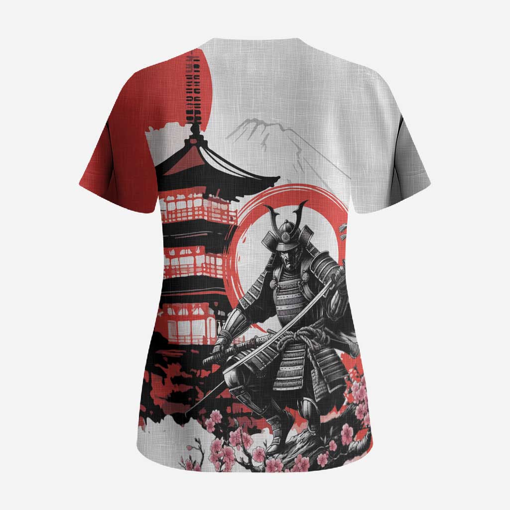 Japanese Samurai Warrior Enso Scrub Top Japan Pagoda Sakura Watercolor - Wonder Print Shop
