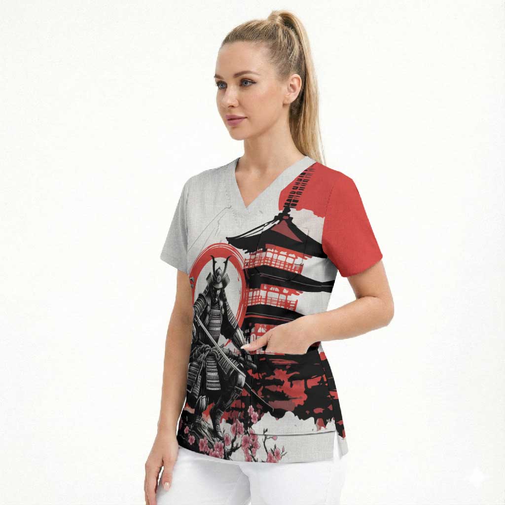 Japanese Samurai Warrior Enso Scrub Top Japan Pagoda Sakura Watercolor - Wonder Print Shop