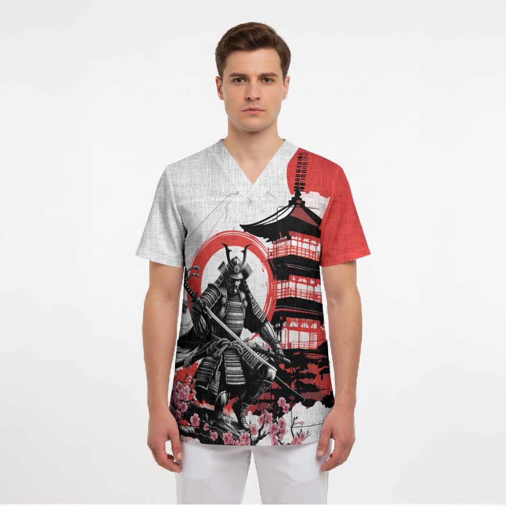 Japanese Samurai Warrior Enso Scrub Top Japan Pagoda Sakura Watercolor - Wonder Print Shop