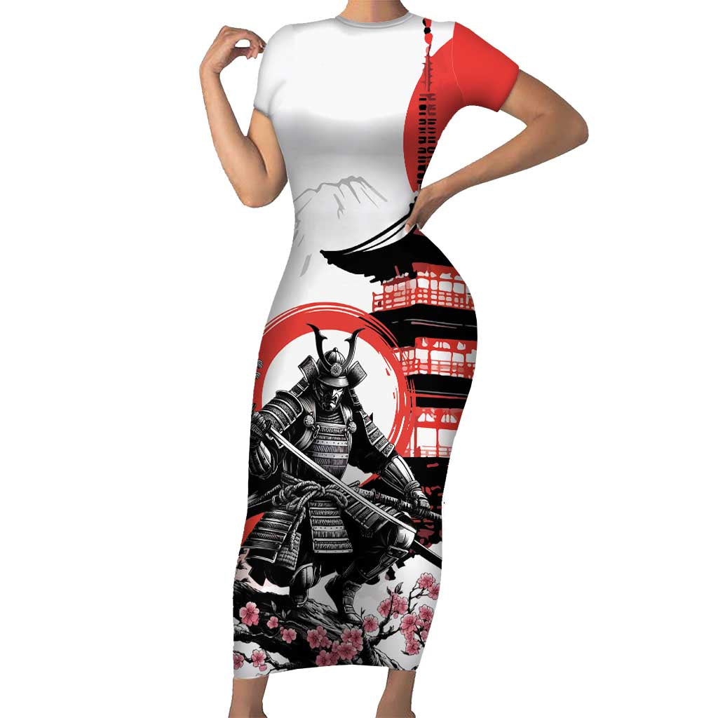 Japanese Samurai Warrior Enso Short Sleeve Bodycon Dress Japan Pagoda Sakura Watercolor - Wonder Print Shop