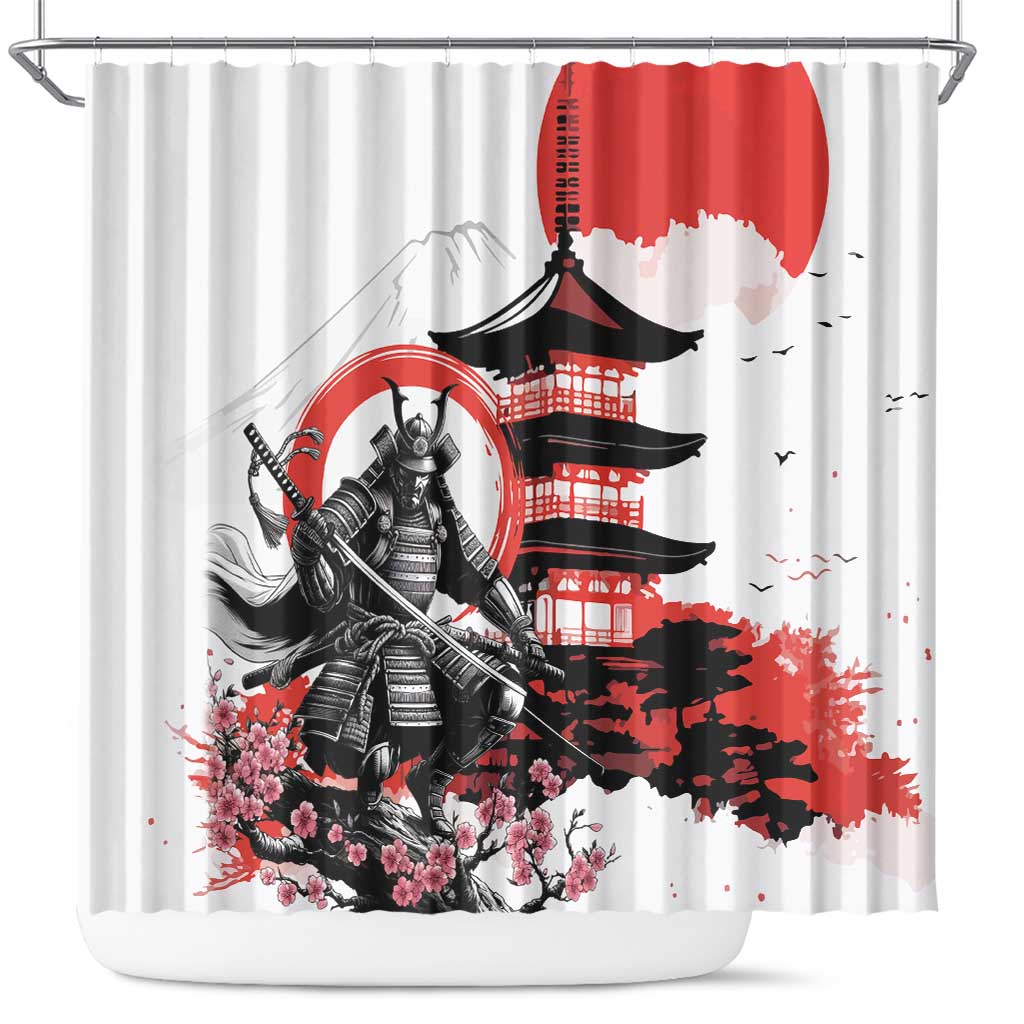 Japanese Samurai Warrior Enso Shower Curtain Japan Pagoda Sakura Watercolor - Wonder Print Shop