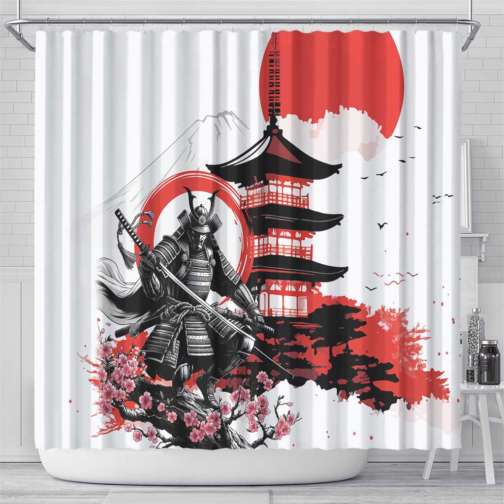 Japanese Samurai Warrior Enso Shower Curtain Japan Pagoda Sakura Watercolor - Wonder Print Shop